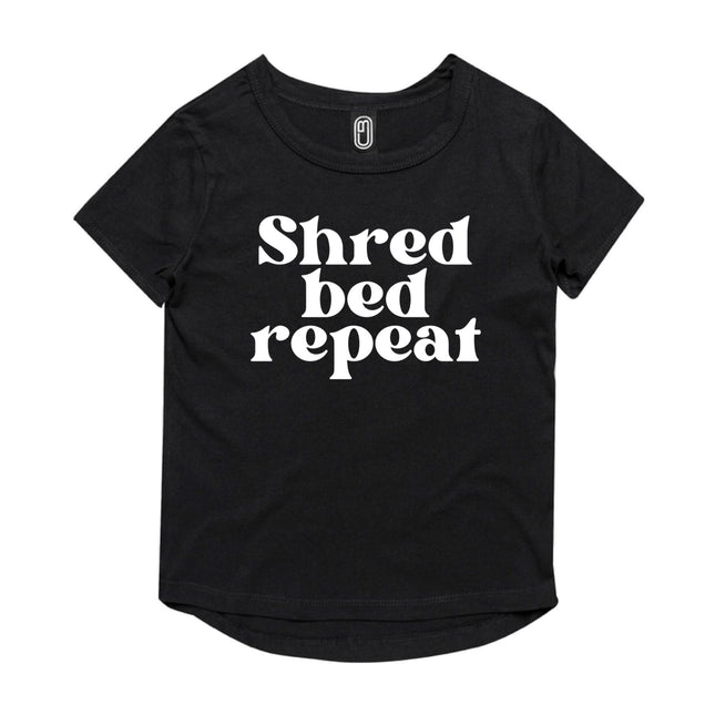 Shred bed repeat kids tshirt
