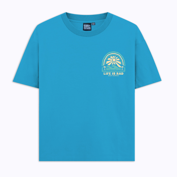 Kids clothing australia surf clothes beach clothes kids beach clothes kids skate Sea blue kids t-shirt with Life Is Rad graphic, styled for beach and skate lifestyle