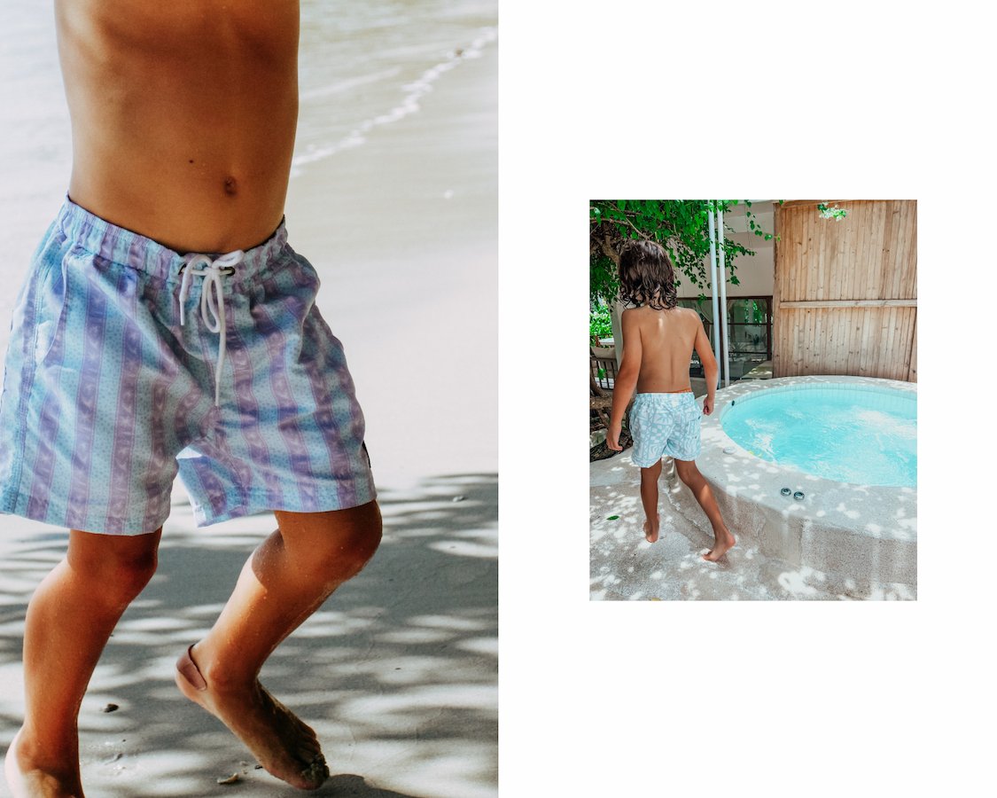 Kids running on the beach and by the pool in Sand + Salt Kids boardshorts