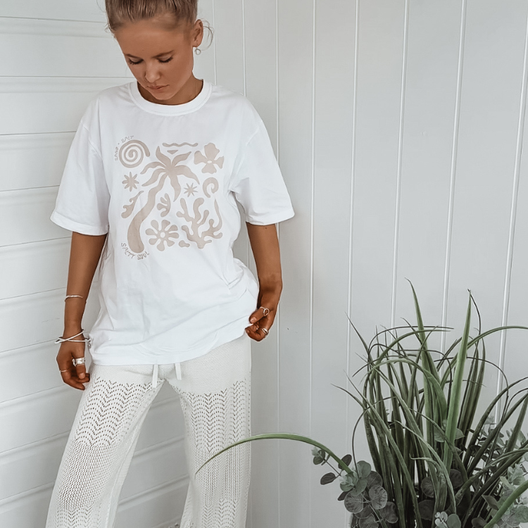 Woman wearing soft oversized cotton Soul Tee by Sand n Salt Kids. Ethical slow fashion for women