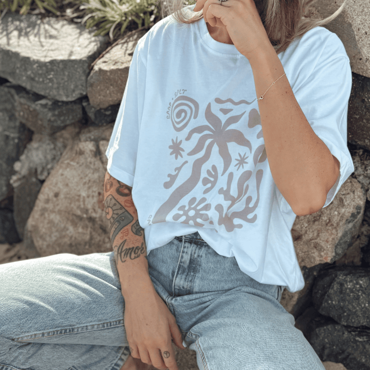 Woman wearing soft cotton Soul Tee by Sand n Salt Kids. Ethical slow fashion for women match with kids tshirts
