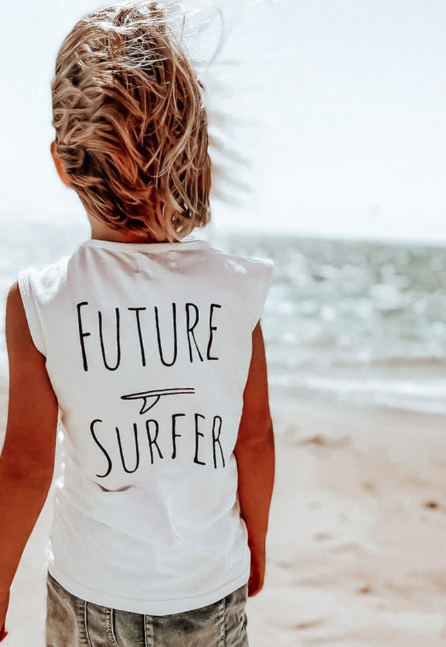 Future Surfer White muscle tank - SAND N SALT Kids clothing australia clothing& fashion surf clothes women’s beach clothes women’s surf clothes kids surf clothes kids beach clothes kids skate clothes kids skate tee kids surf tshirt cotton on kids ghanda rip curl industrie kids salty shreds vintage wash kids Trendy kids clothes 