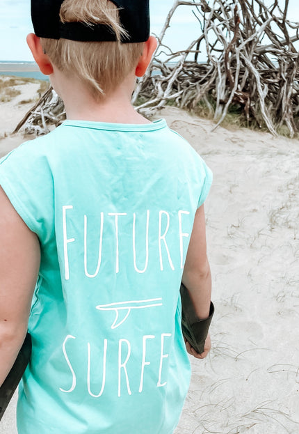Future Surfer Aqua muscle tank - SAND N SALT  Kids clothing australia surf clothes beach clothes kids beach clothes kids skate clothes kids skate tee kids surf tshirt cotton on kids ghanda industrie kids salty shreds vintage wash kids Trendy kids clothes Buy kids clothing online Shop Kids, Teen & Baby clothes.Surf skate clothing for the whole family! Fun, Fabulous and Fashionable Clothes and Accessories for Your Baby and Kids